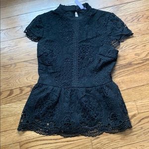 Alya Black Lace and Suede Peplum Top - Small